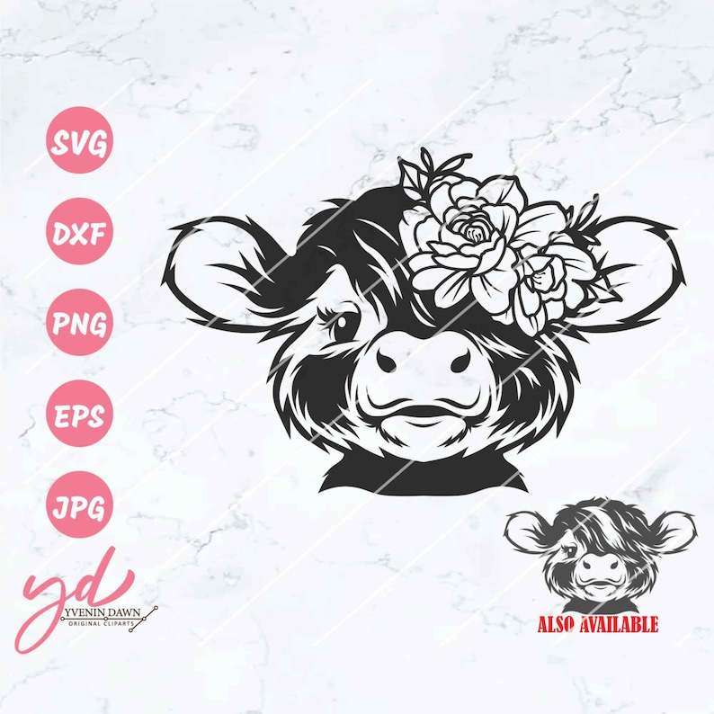 Highland Cow Head Svg, Cute Floral Highland Cow Svg Png | Cute Highland Cow Face Svg | Baby Highland Cow Svg#1