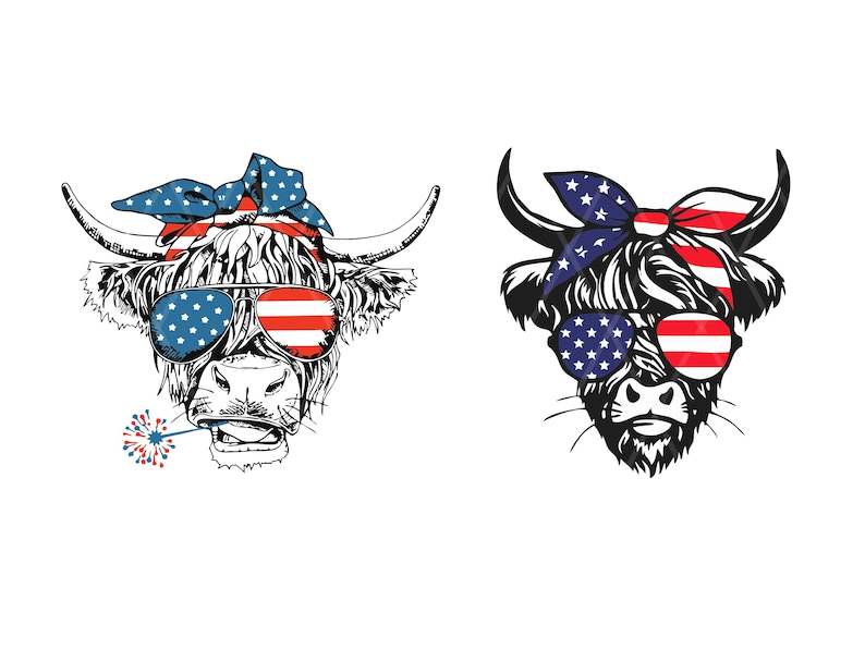Highland Cow Svg, Patriotic Highland Cow SVG - 4th of July SVG - Usa Flag Bandana Sunglasses#3