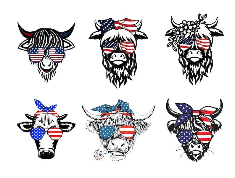 Highland Cow Svg, Patriotic Highland Cow SVG - 4th of July SVG - Usa Flag Bandana Sunglasses 