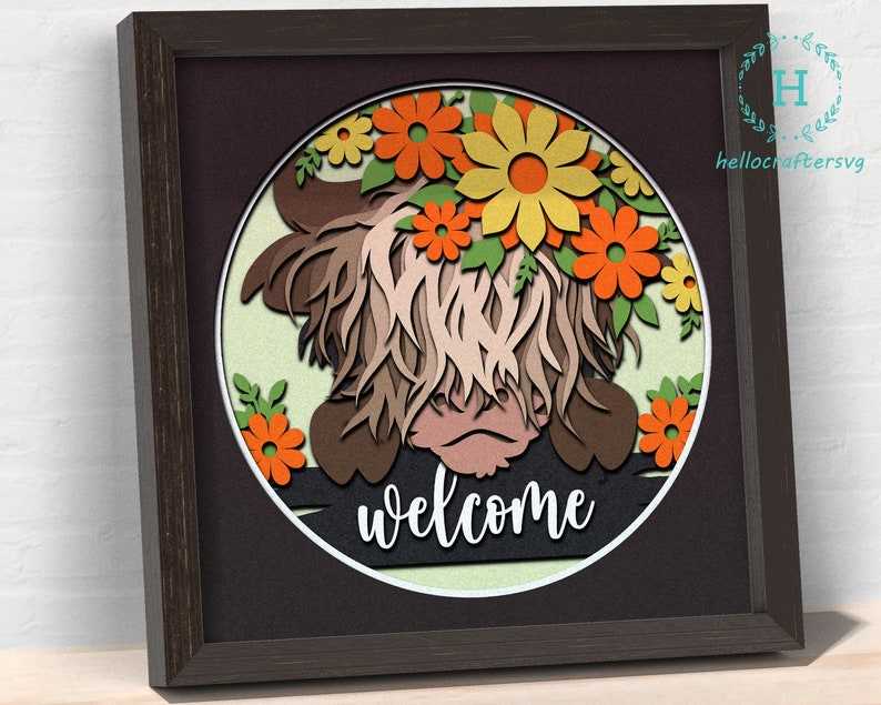 Highland Cow Svg, 3d WELCOME HIGHLAND COW Svg - Welcome Cow Shadow Box Svg - Cricut Files - Cardstock Svg#4