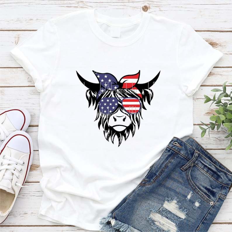 Highland Cow Head Svg, Patriotic Highland Cow SVG - Funny 4th of July SVG - Usa Flag Bandana Sunglasses#2