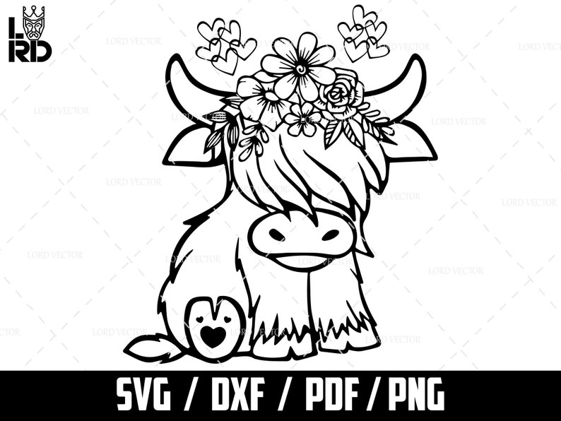 Highland Cow Svg, Cute Cow Svg - Highland Cow PNG - Baby Cow with Flower - Cute Cow Silhouette