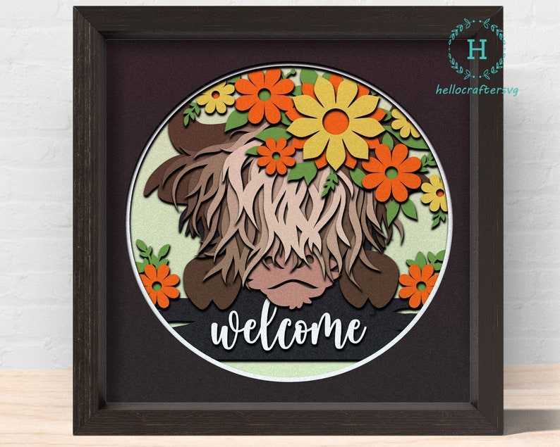 Highland Cow Svg, 3d WELCOME HIGHLAND COW Svg - Welcome Cow Shadow Box Svg - Cricut Files - Cardstock Svg#1