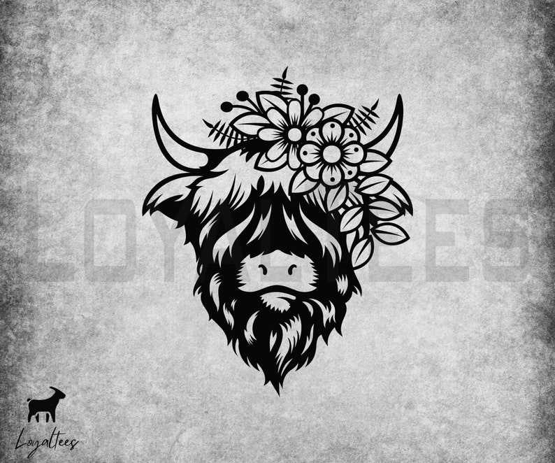 Highland Cow Head Svg, Highland Floral Cow SVG Flower Cow Head Farm Animal Cute Cow PNG Silhouette SVG#3