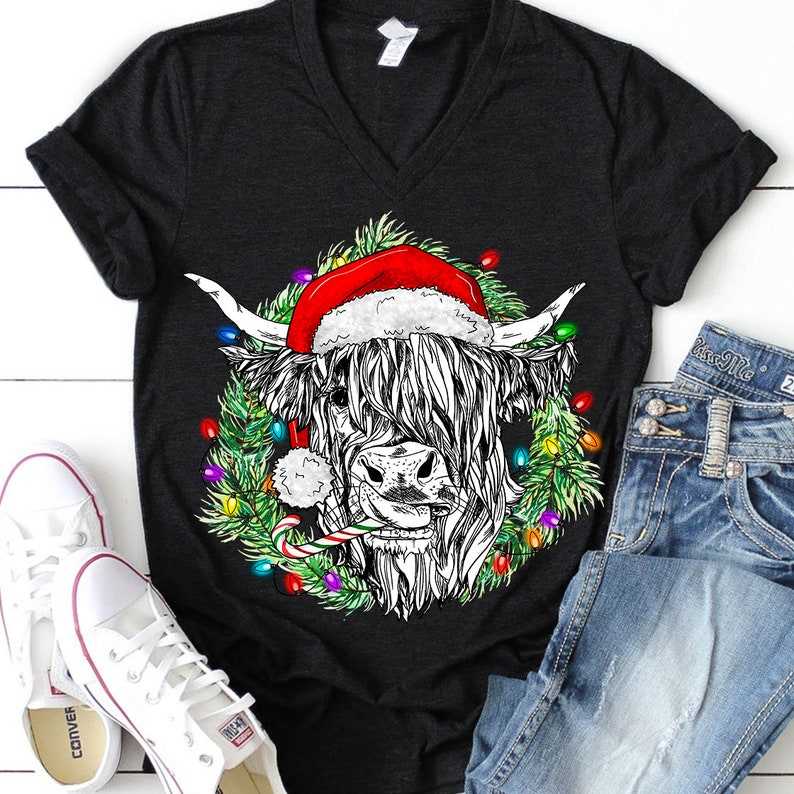 Christmas Highland Cow Svg, Christmas Highland Cow PNG Download Cow With Hat and Candy Cane Sublimation Design#3