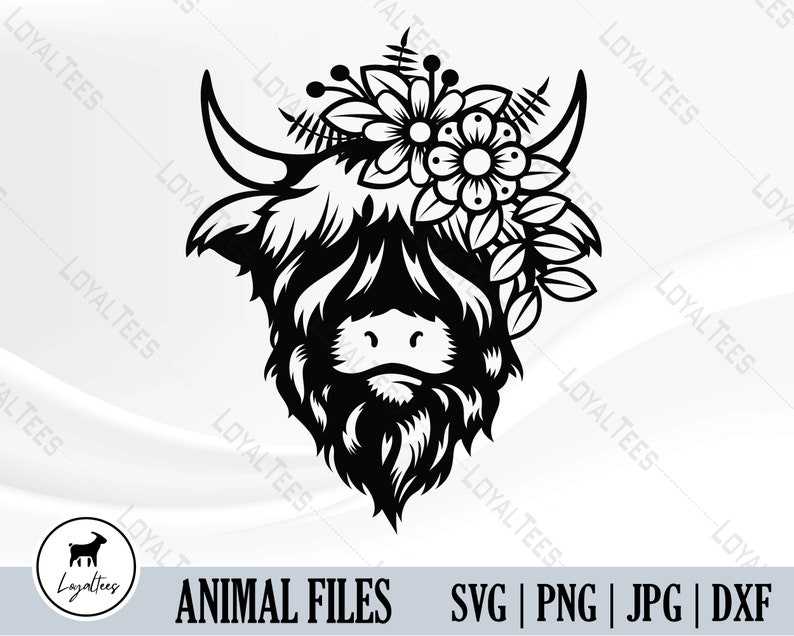 Highland Cow Head Svg, Highland Floral Cow SVG Flower Cow Head Farm Animal Cute Cow PNG Silhouette SVG 
