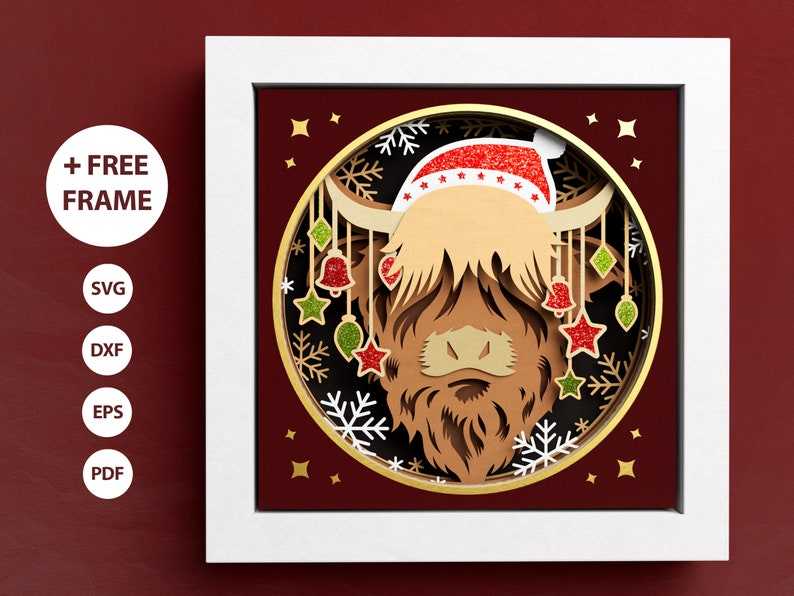 Christmas Highland Cow Svg, 3D Highland Cow Shadow Box - Christmas Shadow Box SVG - Animals SVG 