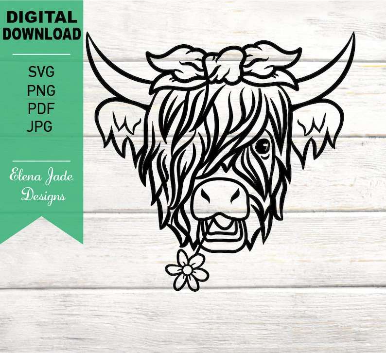Silhouette Highland Cow Svg, Cow Svg - Shaggy Cow - Cow with Bow and Flower - Highland Cow - SVG Cut File 