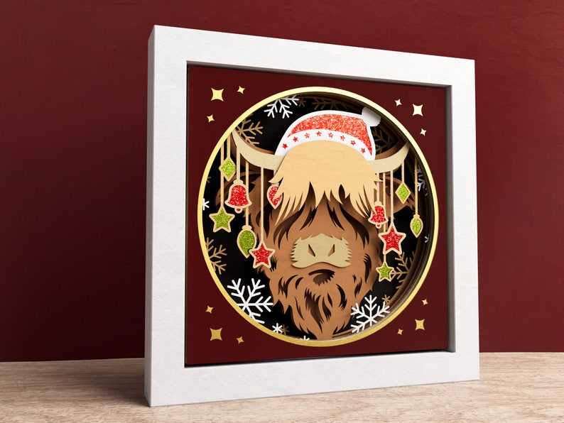 Christmas Highland Cow Svg, 3D Highland Cow Shadow Box - Christmas Shadow Box SVG - Animals SVG#3