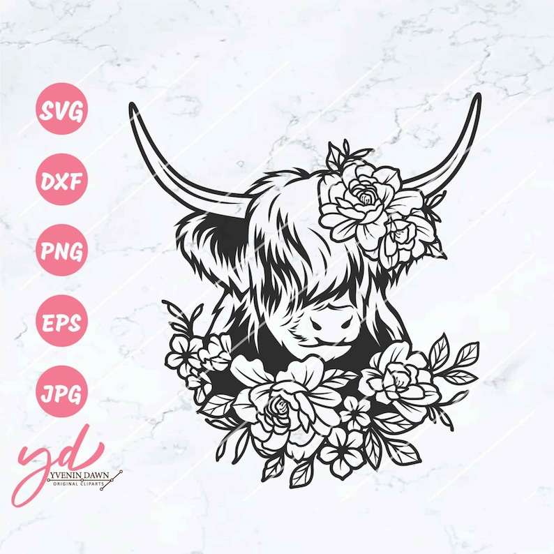 Highland Cow Head Svg, Floral Highland Cow Svg Png | Cute Highland Cow Svg | Cow Svg | Cow Face Svg | Highland Cow with Florals Svg#1