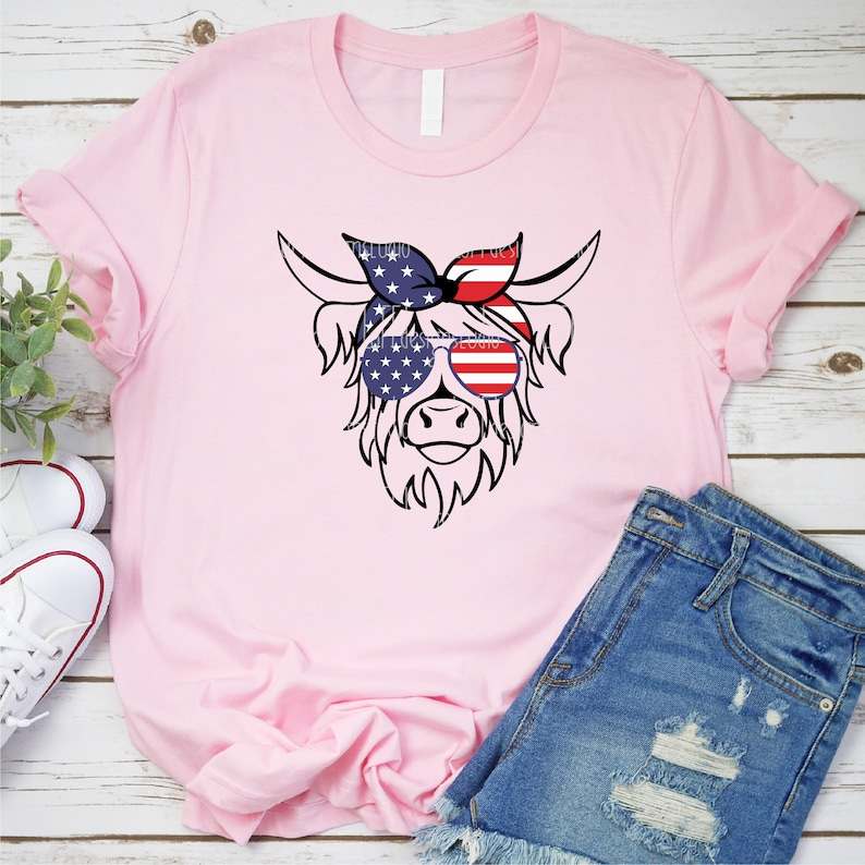 Highland Cow Head Svg, Patriotic Highland Cow SVG - Funny 4th of July SVG - Usa Flag Bandana Sunglasses#4