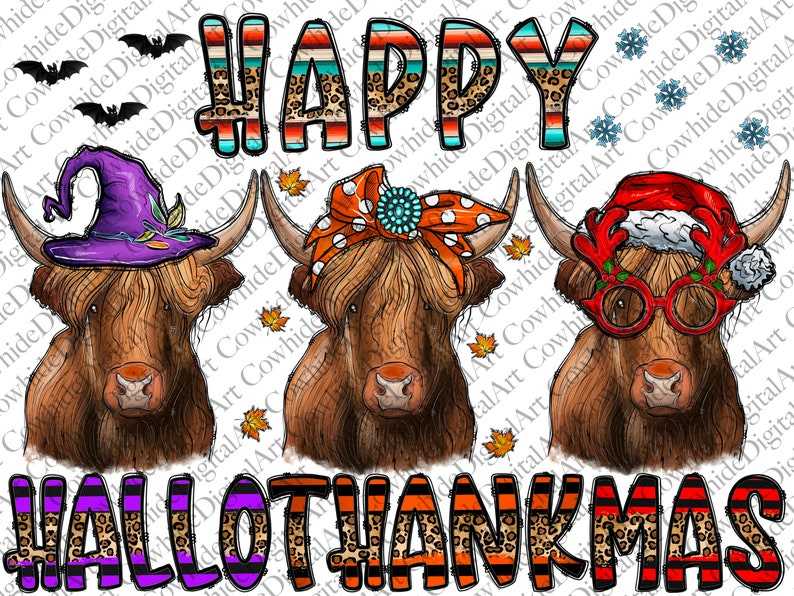 Happy Hallothanksmas Highland Cow PNG - Fall PNG - Halloween png - Christmas PNG 