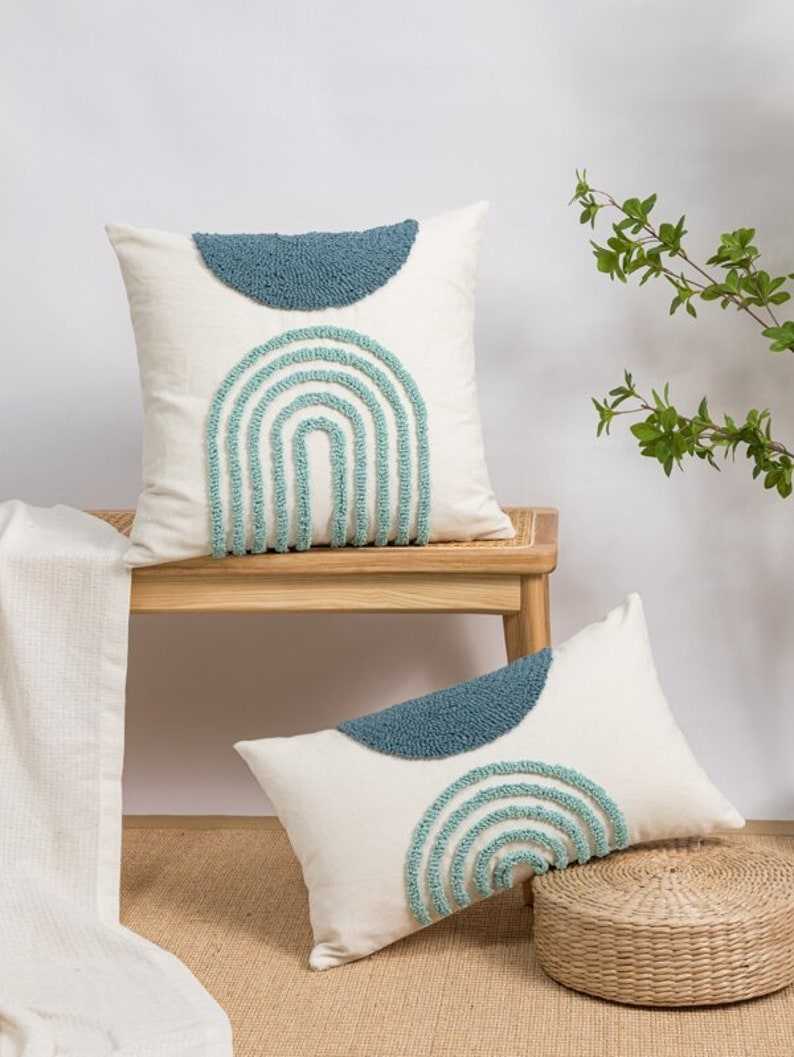  Foindtower Half Moon Accent Boho Tufted Decorative Throw Pillow  Cover, Cozy Bohemian Rainbow Design Cotton Canvas Cushion Cover
