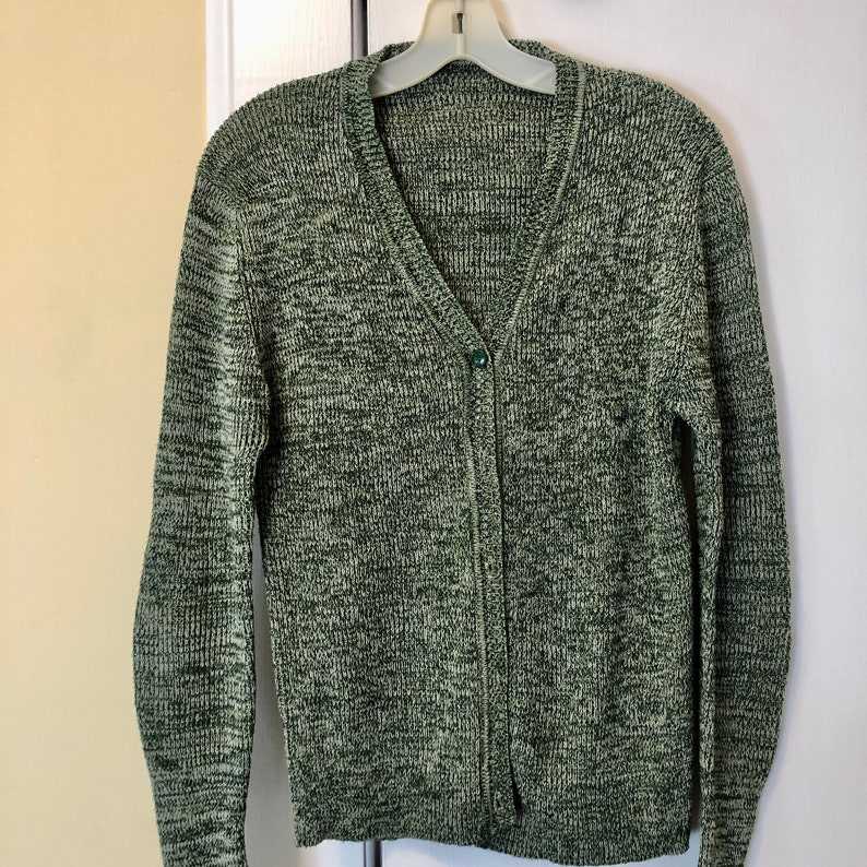 VINTAGE 1970s Cardigan Green Marled Knit Vneck Sweater Vintage Grandpa Sweaters#8