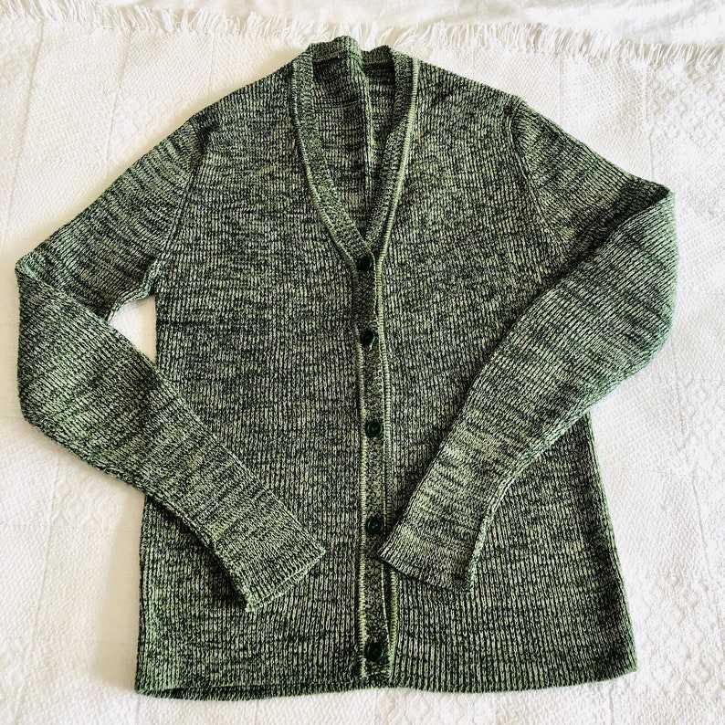 VINTAGE 1970s Cardigan Green Marled Knit Vneck Sweater Vintage Grandpa Sweaters#7