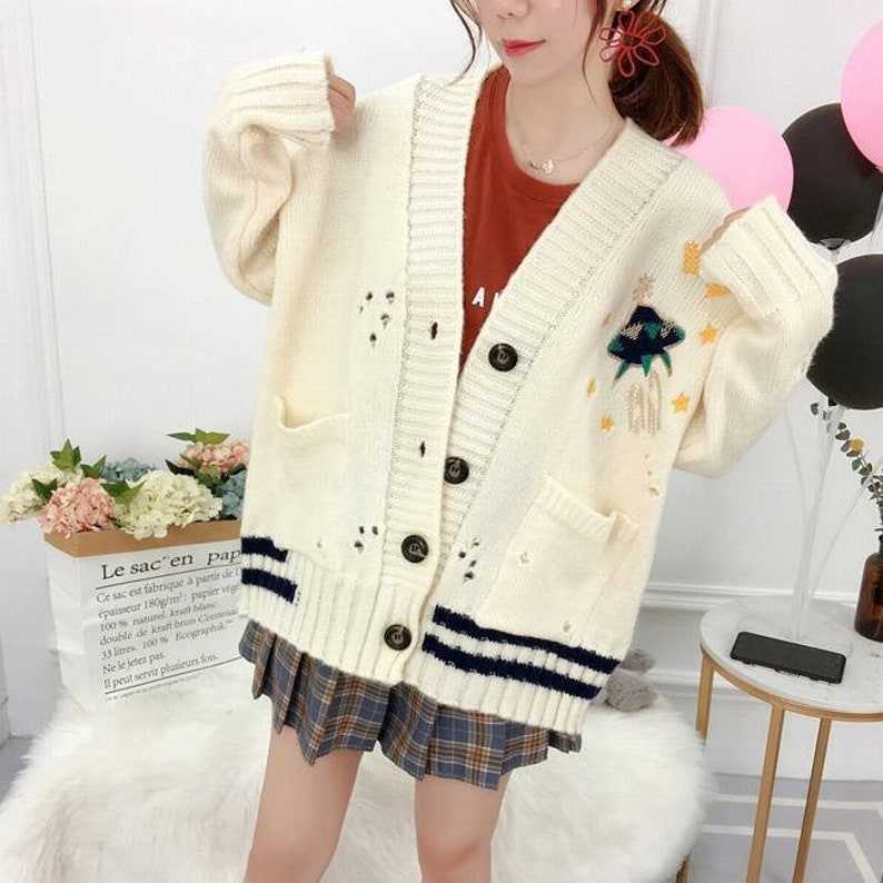 Autumn Winter Knit Cardigan Oversize Sweater Coat Cute Grandpa Sweaters#3