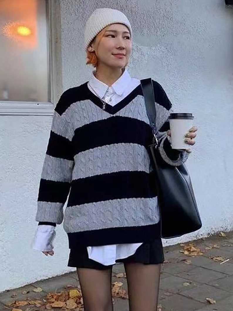 Dark Academia Clothing Vintage V Neck Stripe Loose Pullover Sweaters Striped Grandpa Sweaters