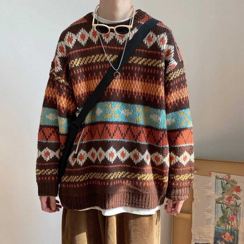 Funky Vintage 80s 90s Geometric Abstract Grandpa Sweater Sz 