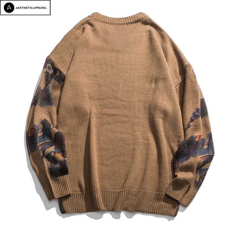 Women Print Knitted Sweater Grandpa Sweaters for Women