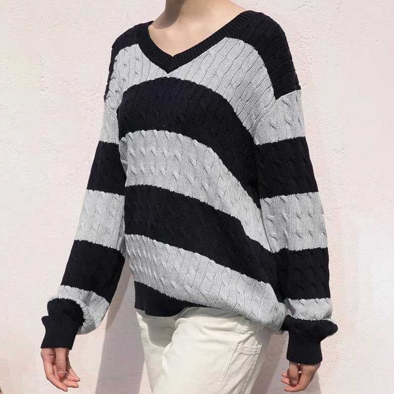 Dark Academia Clothing Vintage V Neck Stripe Loose Pullover Sweaters Striped Grandpa Sweaters#3