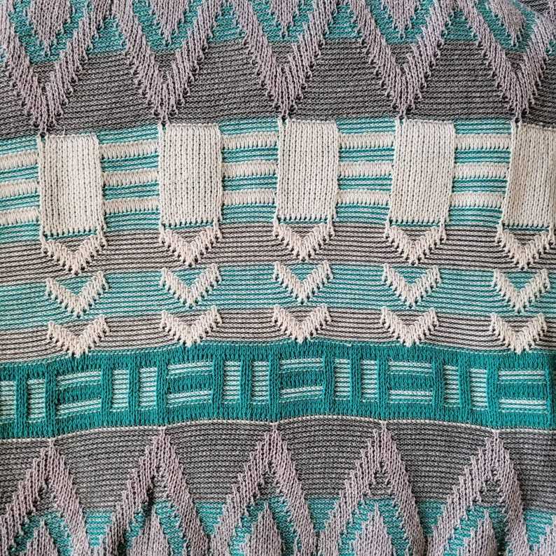 Vintage 70s-80s Coogi Style Teal Geometric Cotton Dad Sweater Striped Grandpa Sweaters#7