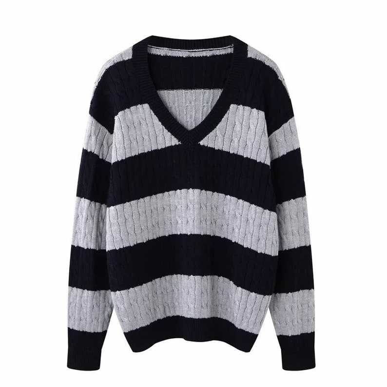 Dark Academia Clothing Vintage V Neck Stripe Loose Pullover Sweaters Striped Grandpa Sweaters#4