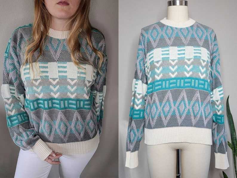 Vintage 70s-80s Coogi Style Teal Geometric Cotton Dad Sweater Striped Grandpa Sweaters#2