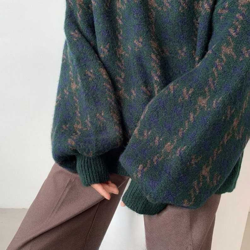 Houndstooth Fall Knitted Sweater Grandpa Sweaters for Women#4