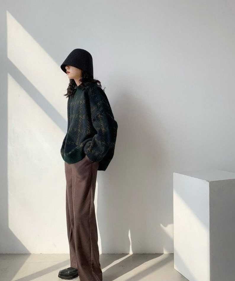 Houndstooth Fall Knitted Sweater Grandpa Sweaters for Women#3