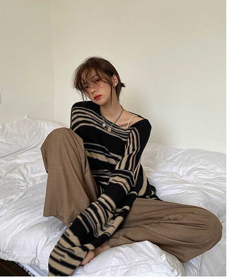 Striped Jumper Vintage Retro Sweater Striped Grandpa Sweaters#4