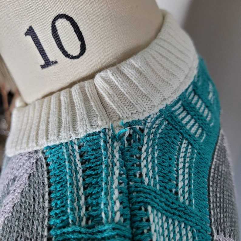 Vintage 70s-80s Coogi Style Teal Geometric Cotton Dad Sweater Striped Grandpa Sweaters#9