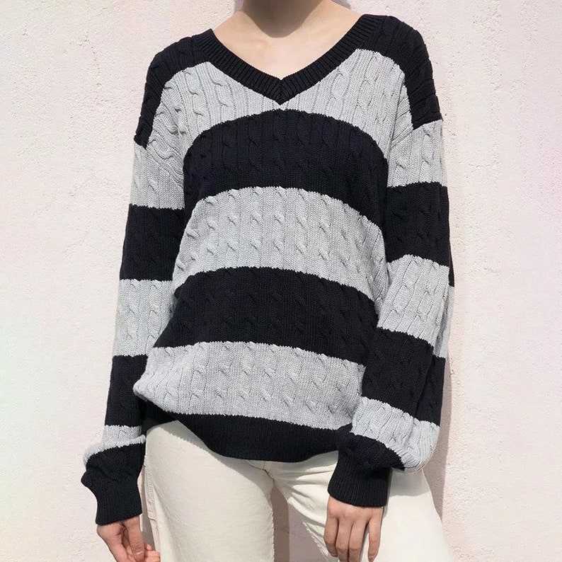 Dark Academia Clothing Vintage V Neck Stripe Loose Pullover Sweaters Striped Grandpa Sweaters