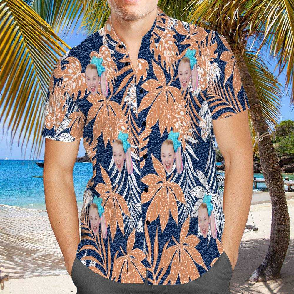 JoJo Siwa Hawaiian Shirt Custom Photo Hawaiian Shirt Blue Leaves Hawaiian Shirt