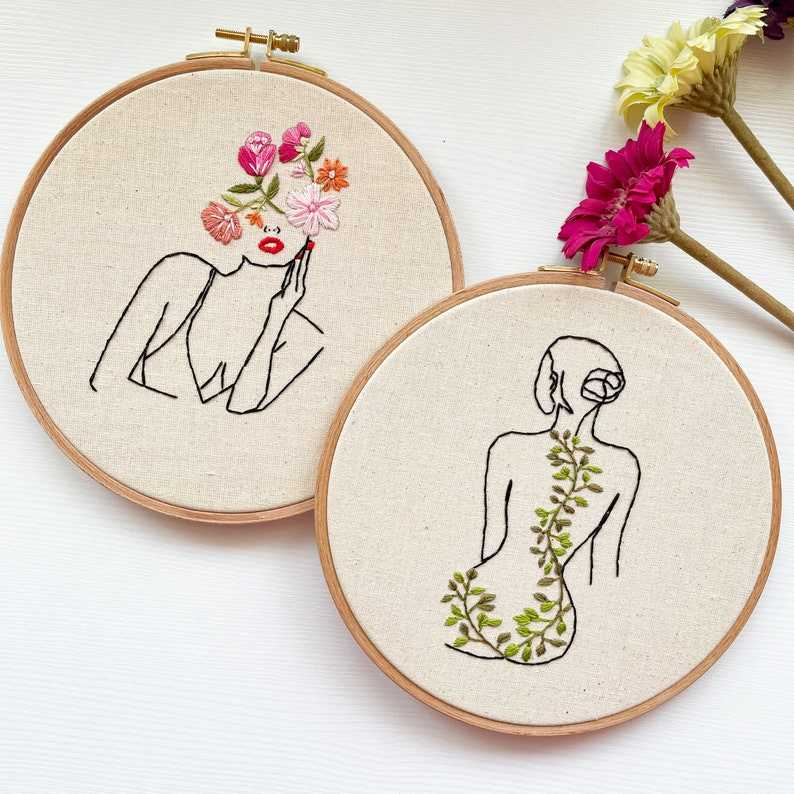 Modern Line Art Embroidery Kit. Floral Girl Embroidery. Feminist