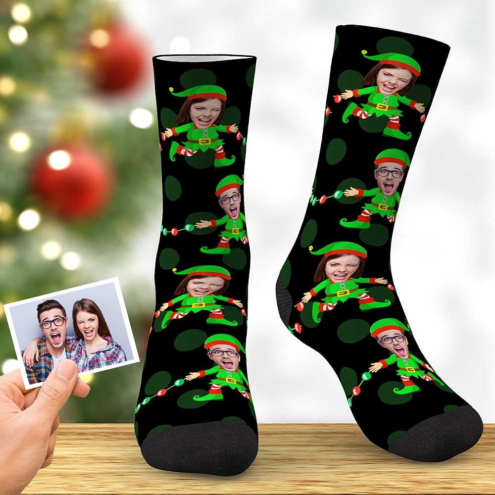 Custom Face Funny Socks Personalized Santa on the Run Elf Socks