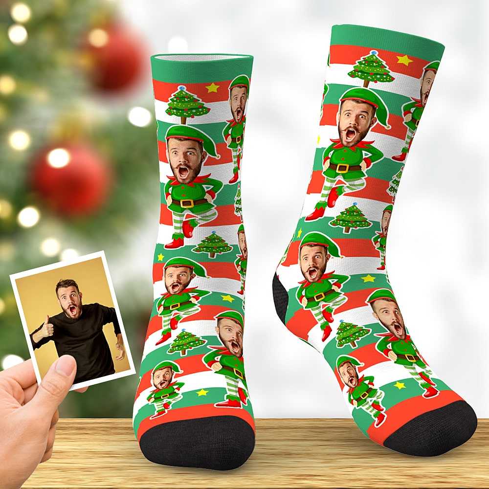 Custom Face Christmas Socks Personalized Christmas Trees Elf Socks