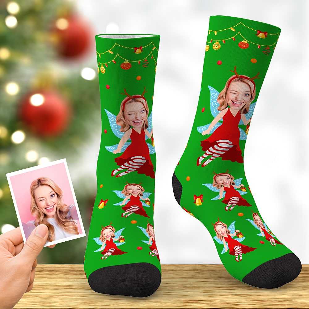 Custom Face Christmas Socks Personalized Wings Elf Socks Christmas Gift