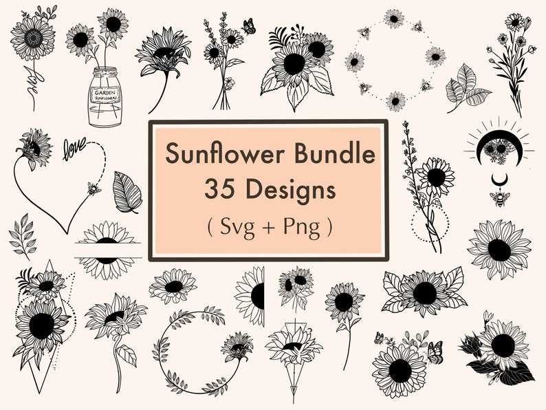 35 Sunflower Svg Designs, Sunflower Bundle Svg, Sunflower Svg Black And White, Digital Download#2