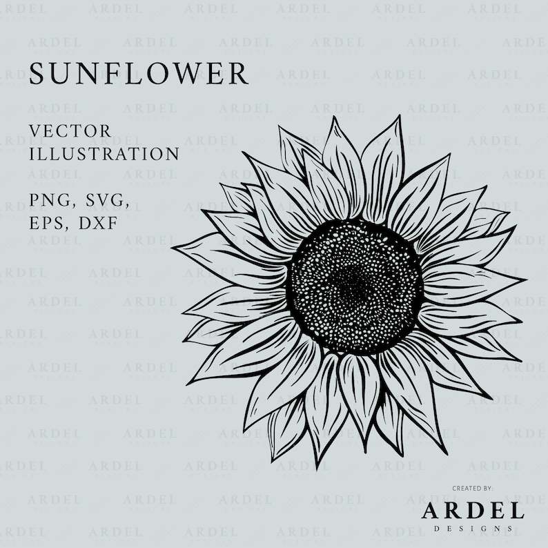 Sunflower Svg Black And White, Vector File, Detailed Sunflower Outline, Digital Download#1
